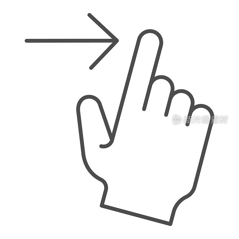 向右滑动细线图标。轻弹右矢量插图孤立在白色。手势轮廓风格设计，专为网页和应用设计。Eps 10。